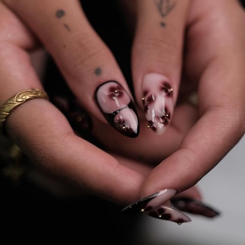 Octoswave Medium Press on Nails Almond Fake Nails Flowers Artificial Nail Rhinestones Charm Stick on Nail for Women 24pcs