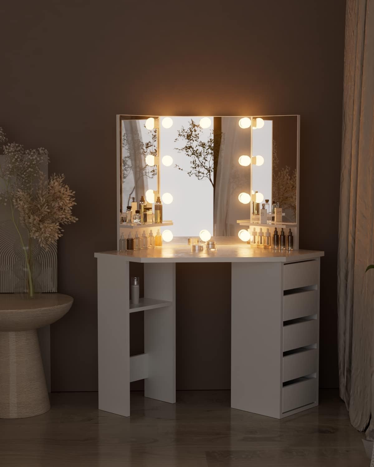 Likein Corner Vanity Desk with Mirror and Lights, White Makeup Vanity with 5 Drawers and Mirror for Women Girls, Dressing Table with 3 Lighting Modes Adjustable