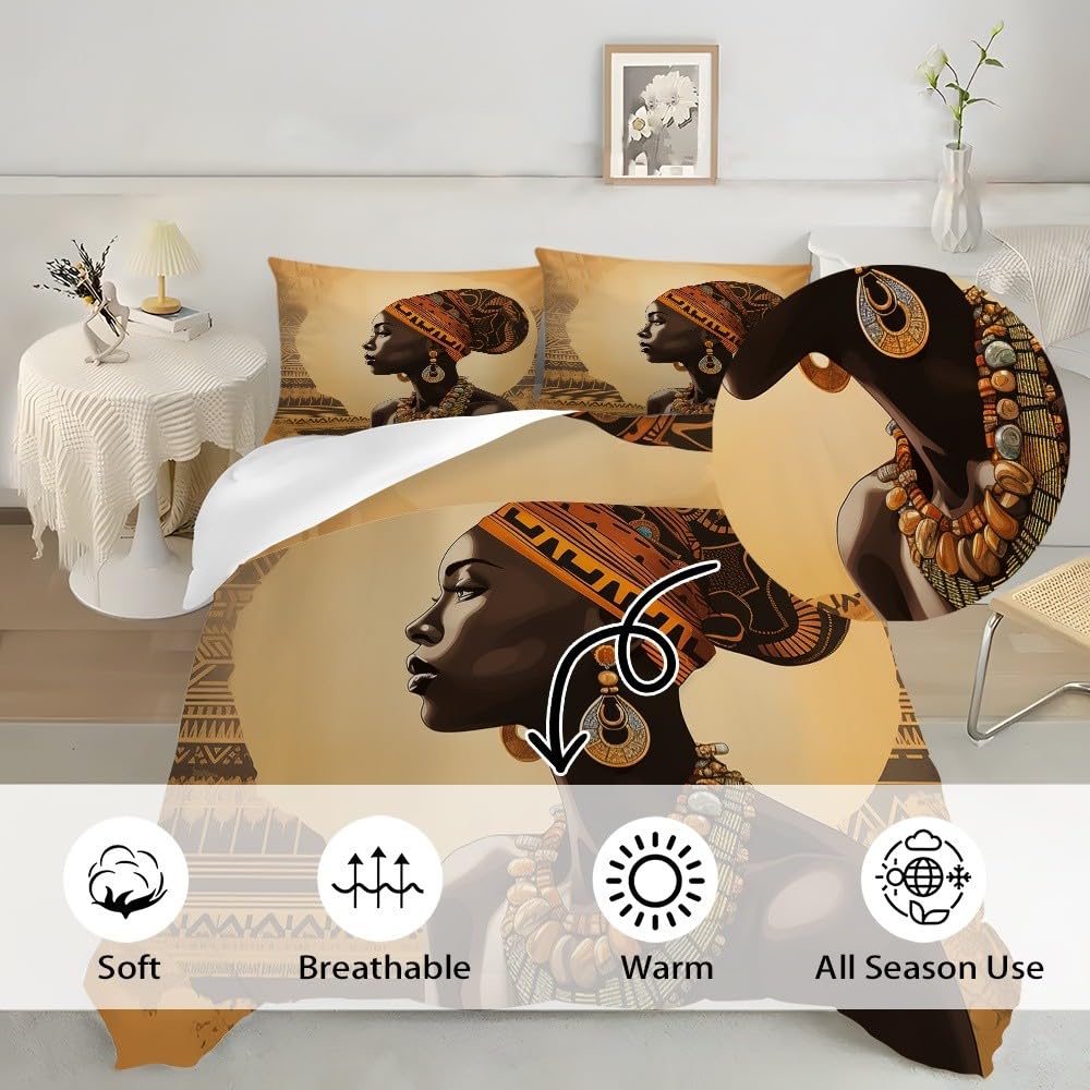 Zestaw pościeli z nadrukiem 3D afrykańskie modele damskie poszwa na kołdrę 240x220 cm miękka pościel komfortowa poszwa na kołdrę z mikrofibry żółta brązowa 3-częściowa dla nastolatków dzieci dorosłych
