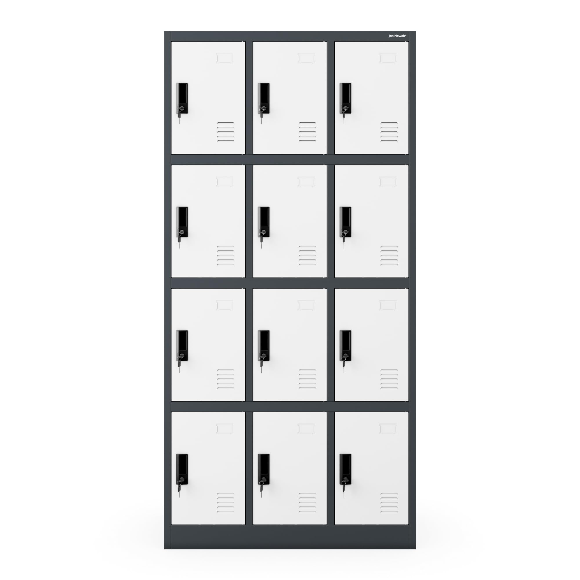 Jan Nowak Umkleideschrank Personalschrank Metall, 12 Fächer, abschließbar | Schließfachschrank ,Garderobenschrank, für 12 Nutzer, Lüftung, Namensschildhalter, 10 kg je Fach, Stahl, 185x90x40 cm