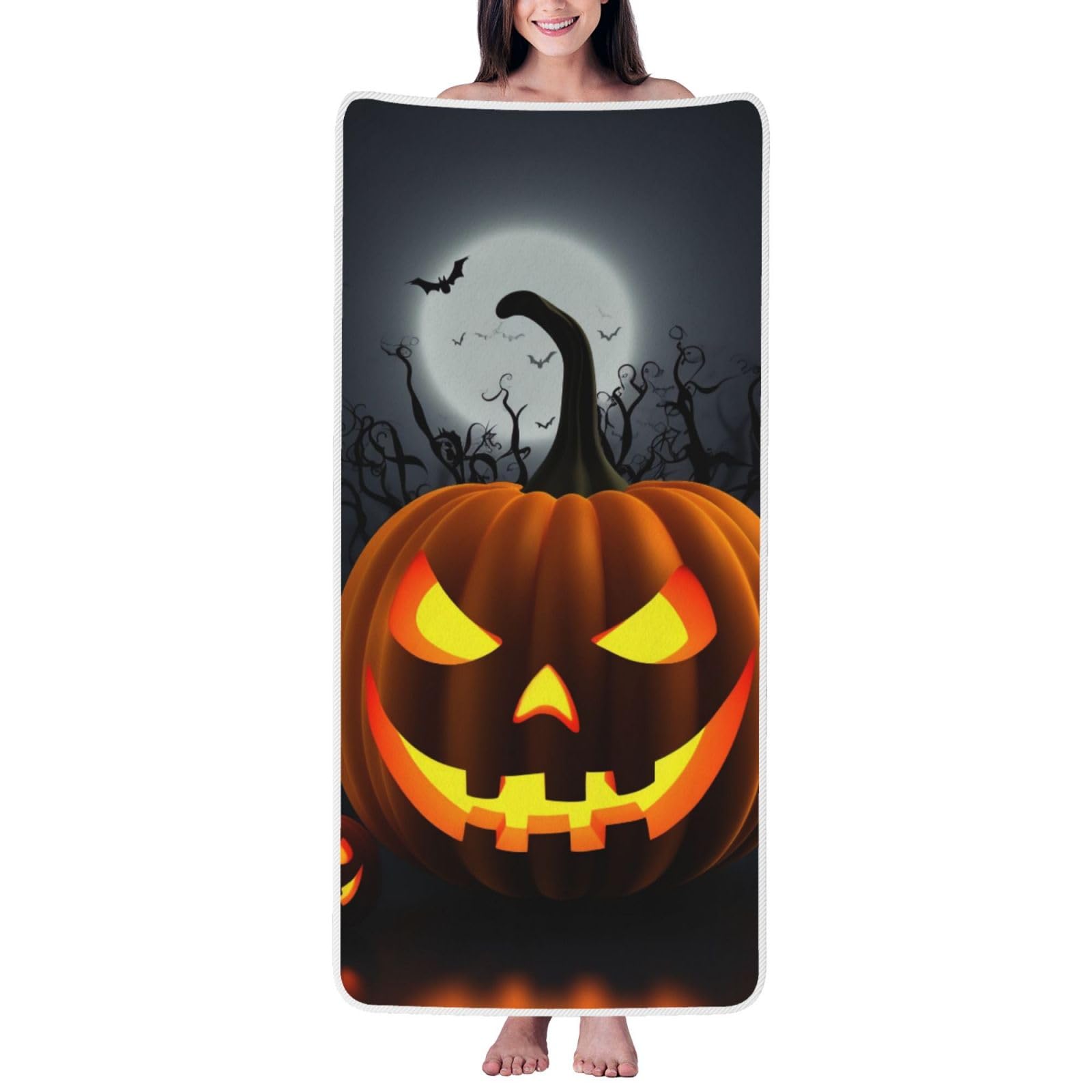 WPKJU Pumpkin Halloween Printed Bath Towel with White Edging - 27x55 in Soft Extra Absorbent Coral Velvet Shower Towels for Bathroom