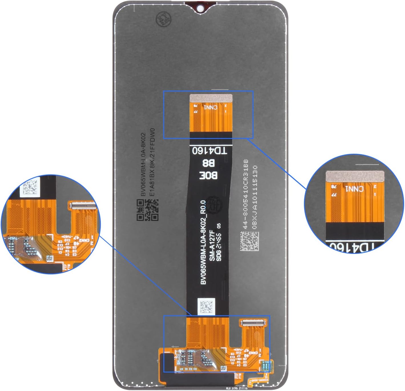 Close-up view of the flex cables on the back of the replacement LCD screen, showing connection points.
