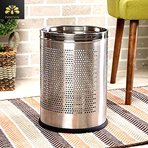 Image of Stainless Steel Perforated Open Dustbin for Kitchen, Bathroom & Office | Round Waste Bin with Modern Design | Durable & Lightweight Trash Can | 10 Litre | Silver | 8 x 12 Inch
