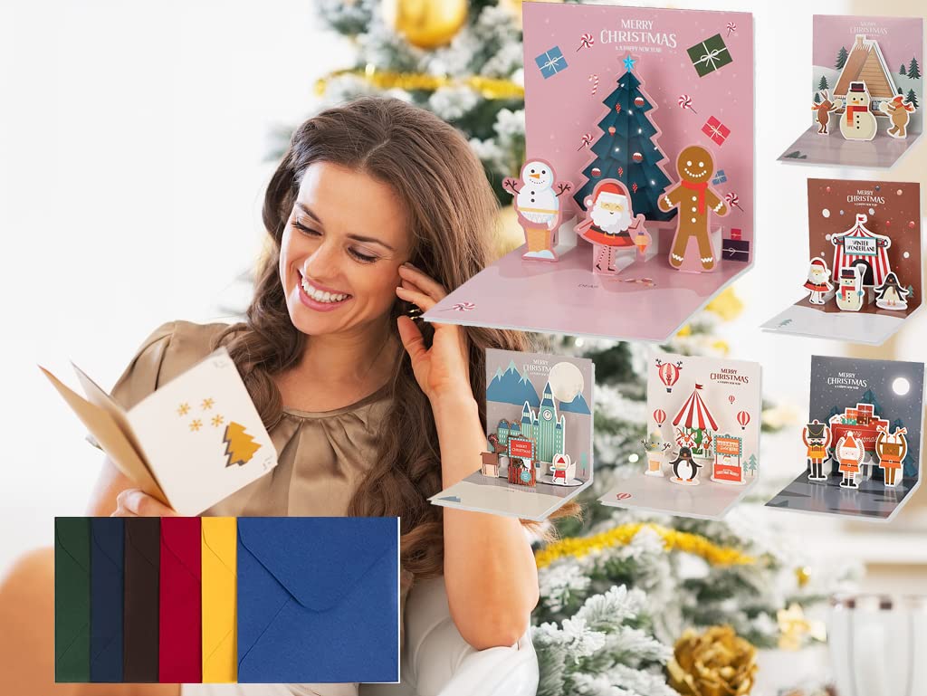 Biglietti di Natale 3D con busta, pop-up, set da 6 biglietti di auguri di Natale, carta di alta qualità, Babbo zenzero, ideale per amici, auguri di Natale (Q