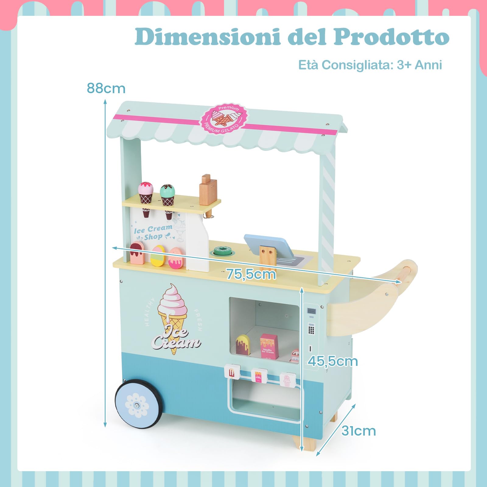 COSTWAY Gelateria Giocattolo per Bambini con Gelatiera, Carrelo dei Gelati in Legno con Ruote e Maniglia, Negozio di Gelati Giocattolo con Cassa e 15 Accessori, per Bambini di 3 + Anni (Verde)