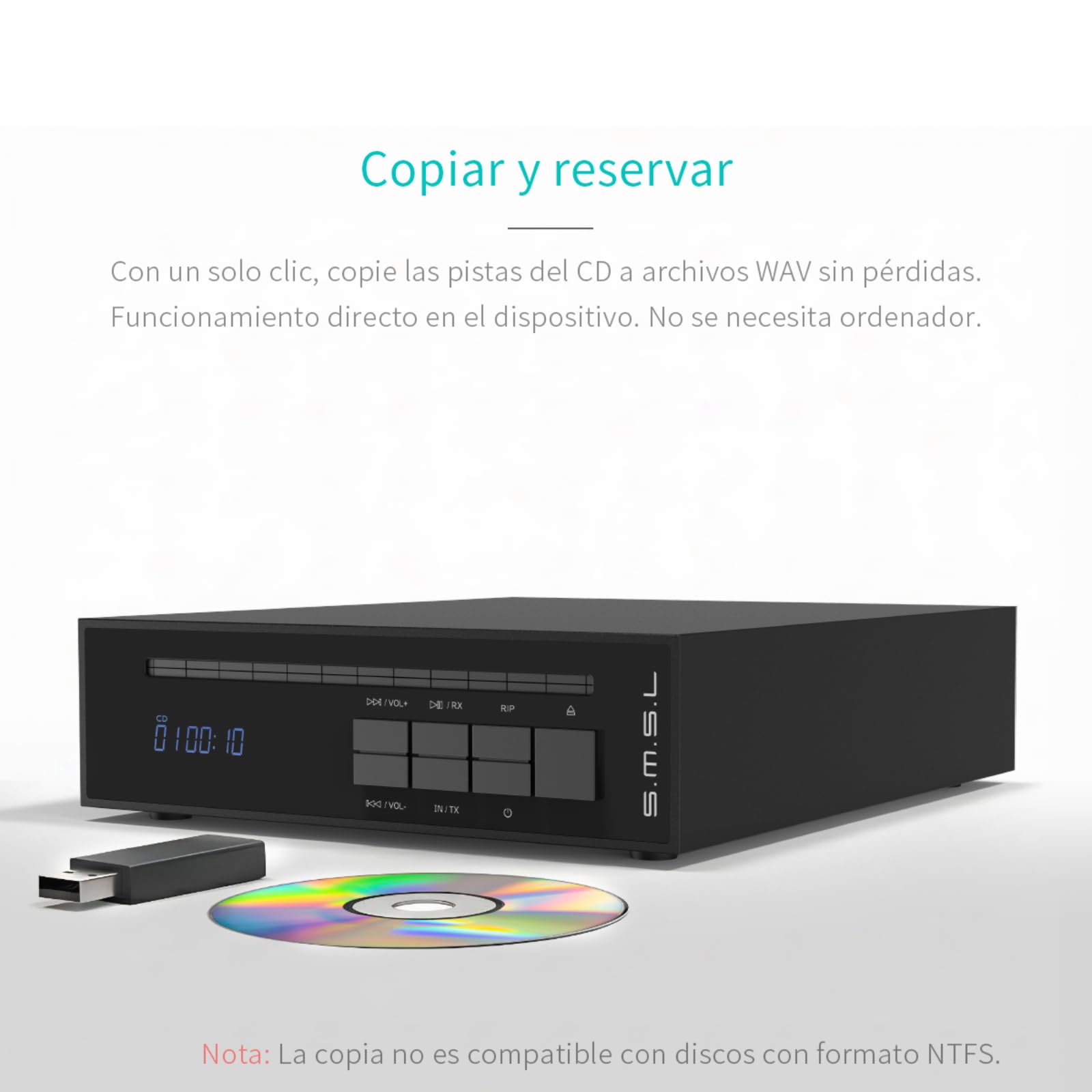 SMSL PL20 Reproductor de CD HiFi para Casa, con Función de Ripping de CD, Bluetooth para Auto, 2 chips CS43131, Entrada USB/Bluetooth, Salidas RCA/BT/3,5 mm/4,4 mm Balanceada/Óptica Digital/Coaxial