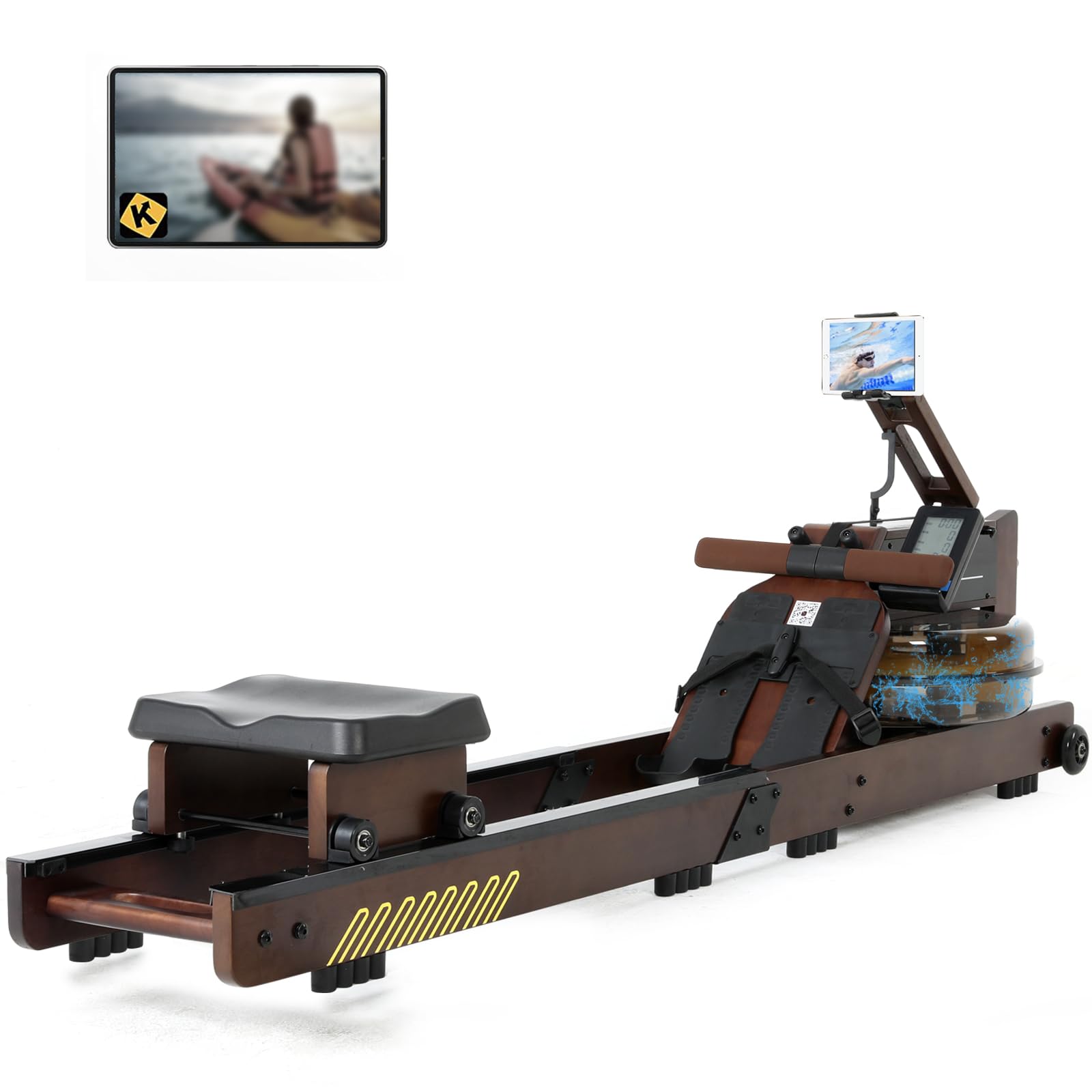 ISE Rameur Pliable à Eau Fitness, Rameur d'Appartement Pliable Maison/Bureau, avec Pompe à Eau, Niveau Résistance 30KG Maxi, Écran LCD, Siège Réglable, Water Rowing Machine Roue Transport Rail Lisse
