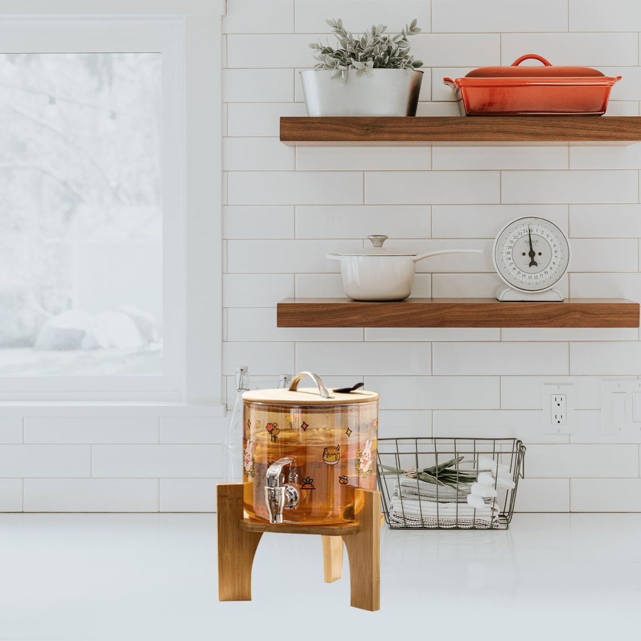 Veemoon Holz GeträNkespender StäNder Bambus Tisch Wasserkrughalter Trinkwasserflaschen GeträNkeautomat Plattform Halterung FüR Glas Wasserkrug Wasserkrug-BehäLter Zuhause Partys (5,5 Zoll)