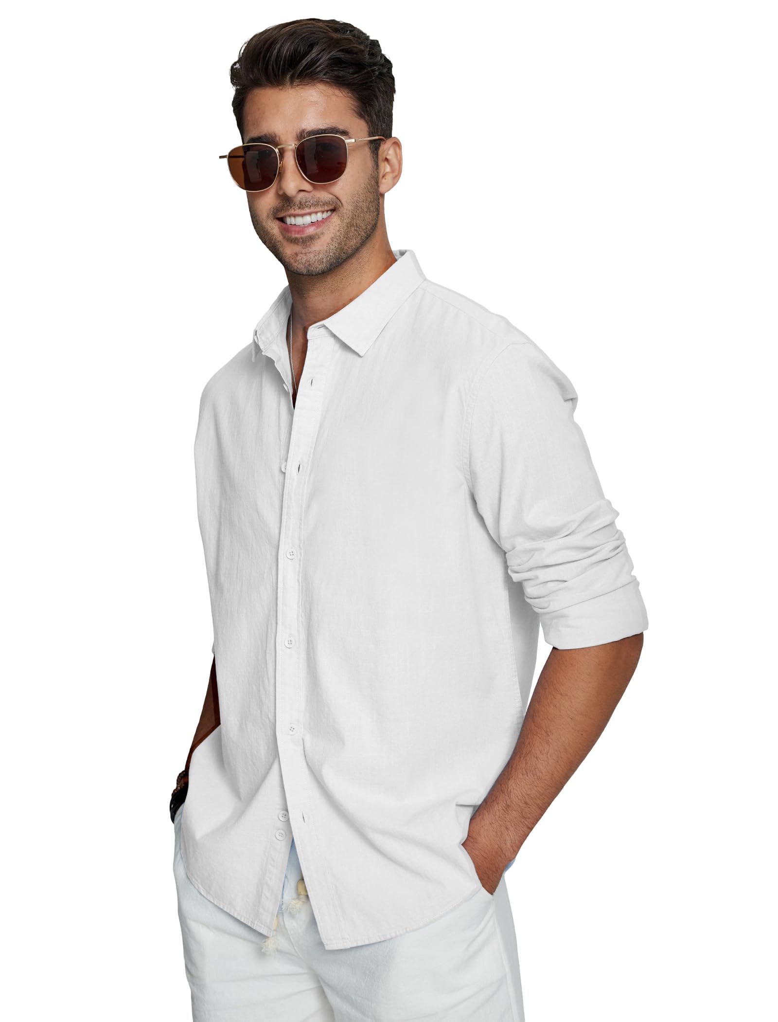 Friptspyg Chemise en Lin Hommes Manches Longues Coton en Lin Chemise D'été de Plage Regular Fit Chemises de Loisirs