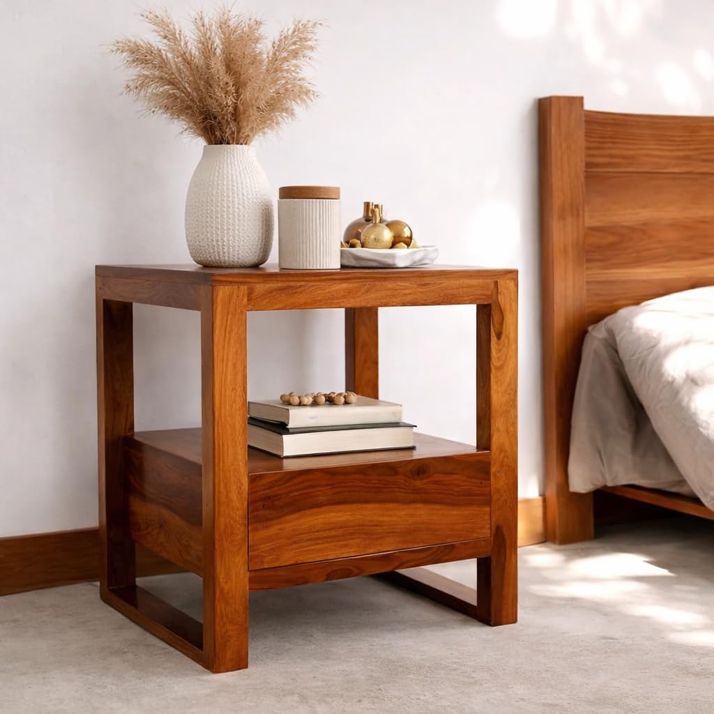Sheesham Wood Bed Side Table with Drawer & Shelf Storage | Side Tables for Bedroom with 1 Drawer | Wooden Nightstand End Table for Bedroom Home (Honey)-image-49