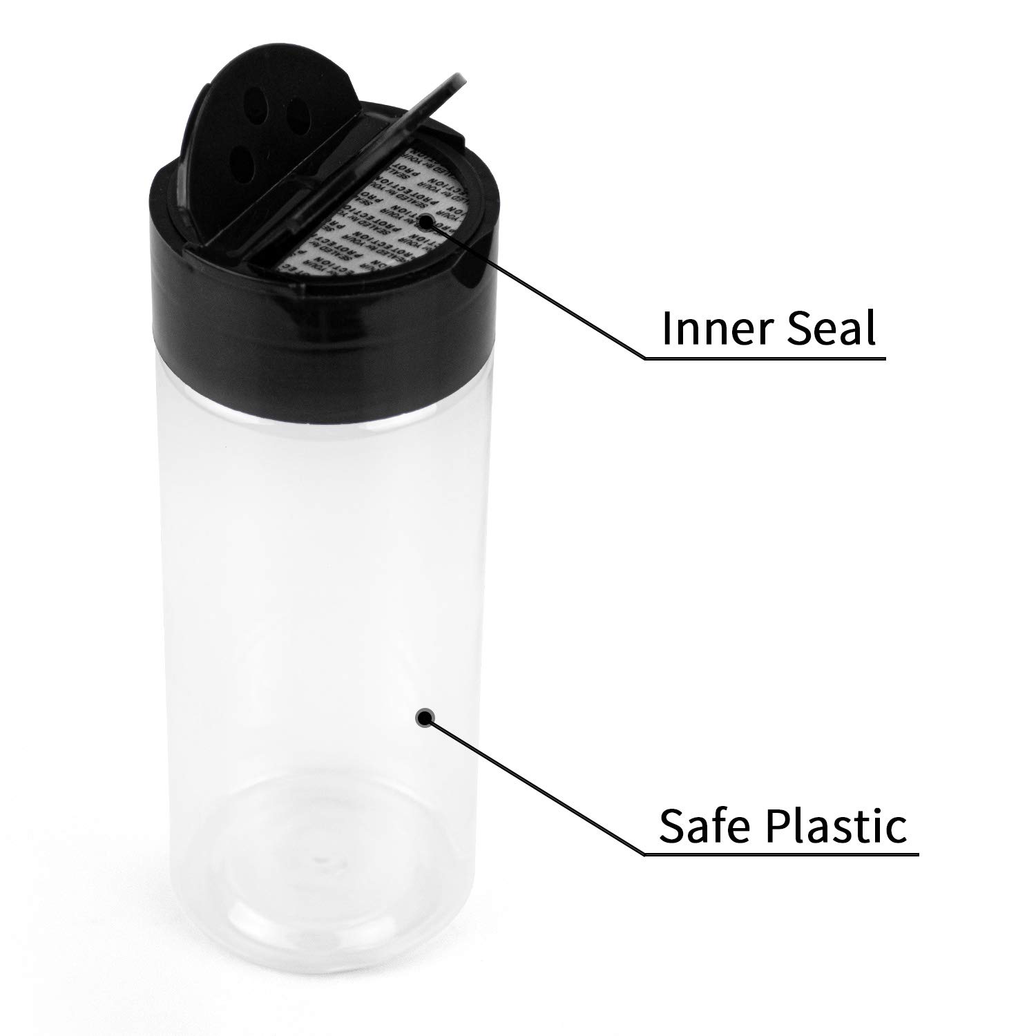 Foraineam Lot de 16 pots à épices en plastique avec bouchon noir pour verser ou tamiser, parfait pour ranger les épices, les poudres et les herbes