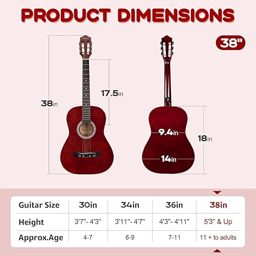 Miniatura 5 de Kit básico de iniciación de guitarra acústica de viaje de 96.5 cm para principiantes, con afinador, cejilla, cuerdas, enrolladores de cuerdas