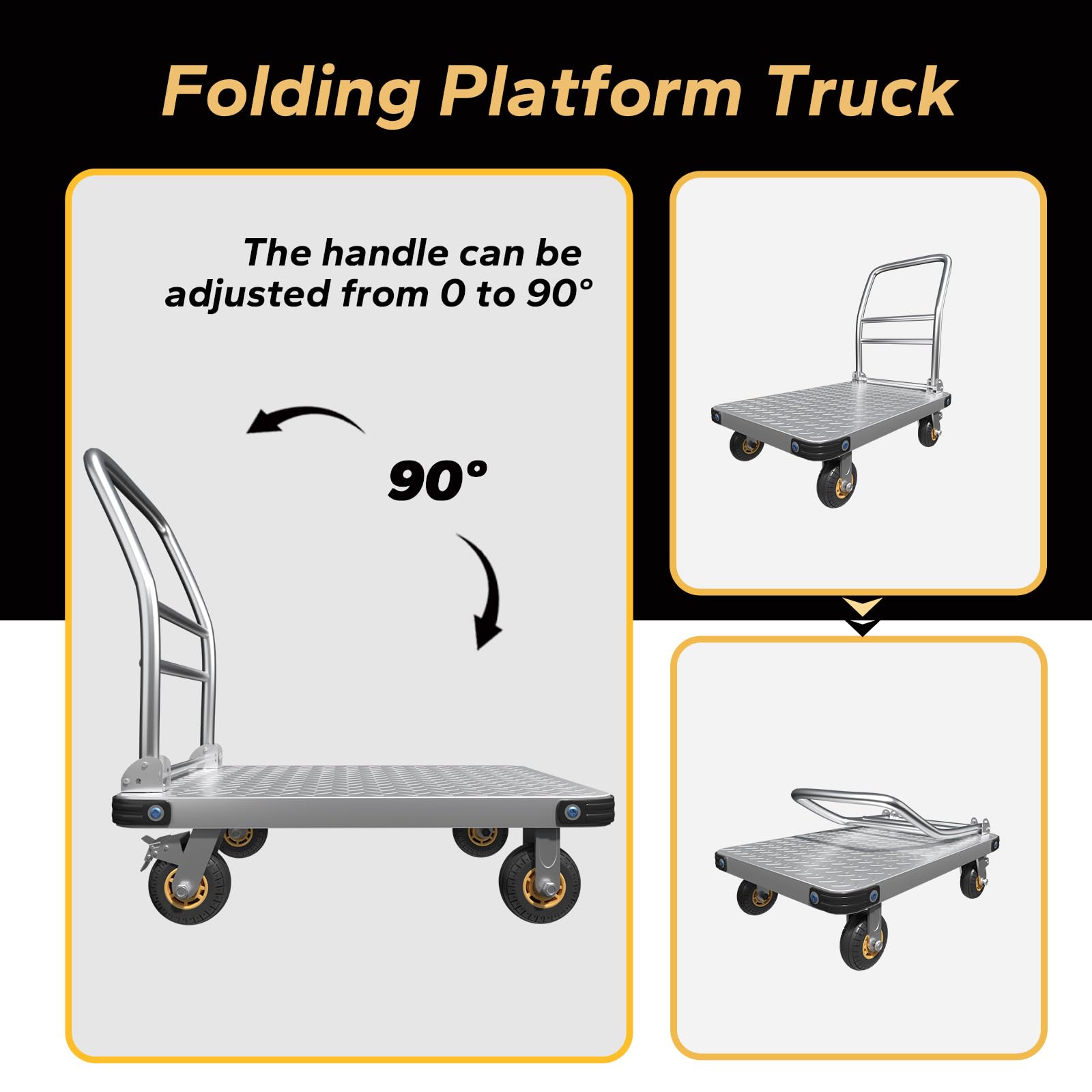 Klappbarer Plattformwagen 900 kg Traglast, Transportwagen mit 12,7 cm Bremsrädern, 91x60 cm Rollwagen Klappbar für Lager, Möbel & Haushaltsgeräte, Silber