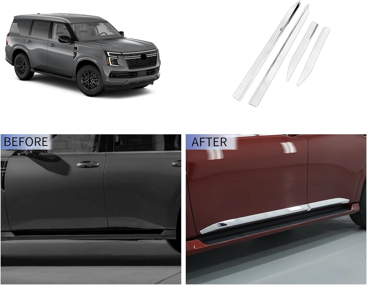 Body Side Trims Compatible with Nissan New Armada 2025 2026 Body Side Door Molding Cover Trims Exterior Car Accessories ABS 4PCS (Glossy Chrome Style)