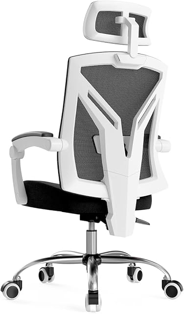 Hbada Ergonomic Office Chair, High-Back Desk Chair with Lumbar Support, Height Adjustable Seat and Headrest, Breathable Mesh Back, Soft Foam Seat Cushion, White (Without Footrest)