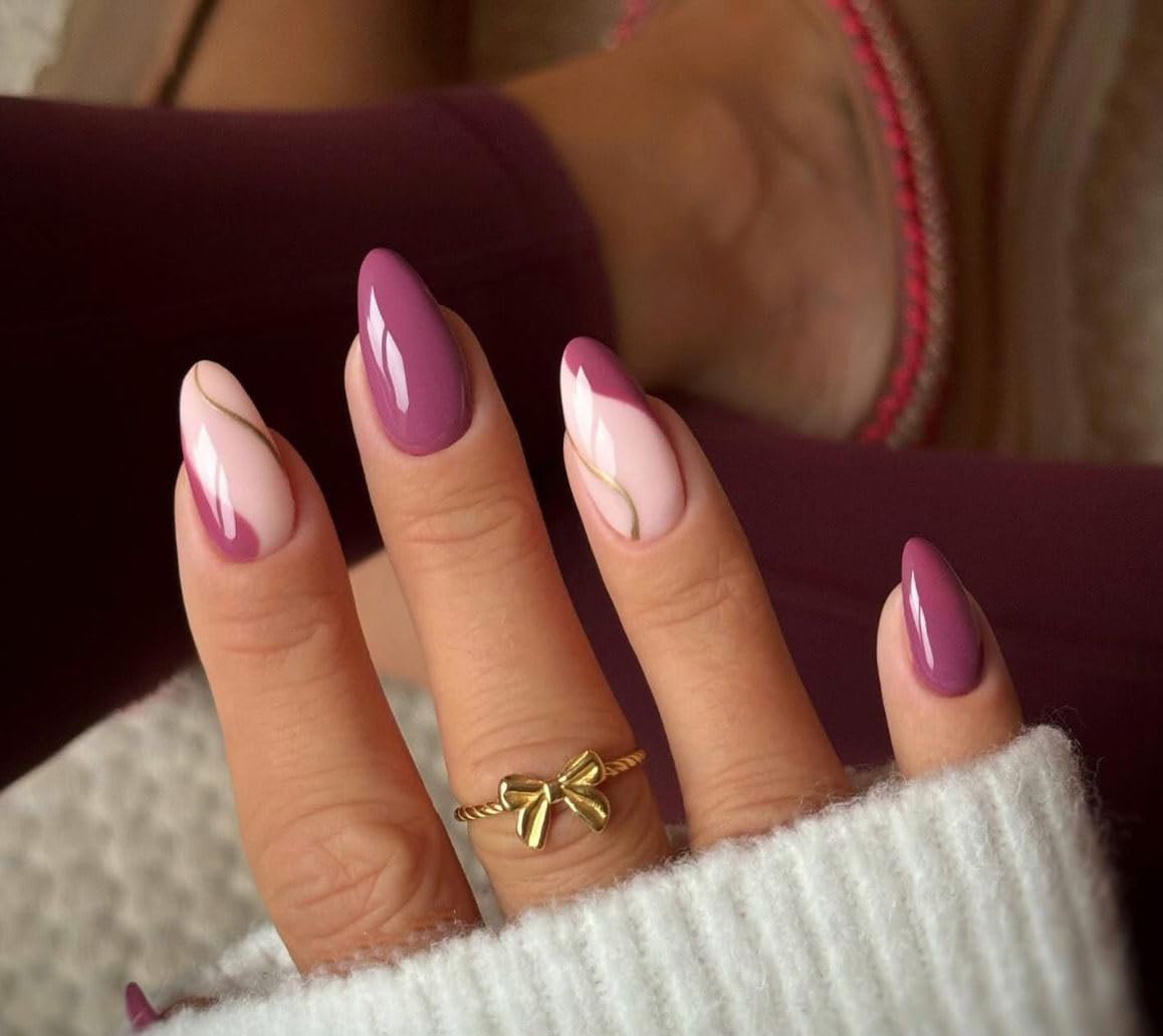 Set Of 14Pc, Short Almond Press-on, Purple and Pink Layers Design with Gold, Nail Extensions With Free Glue Kit-image-29