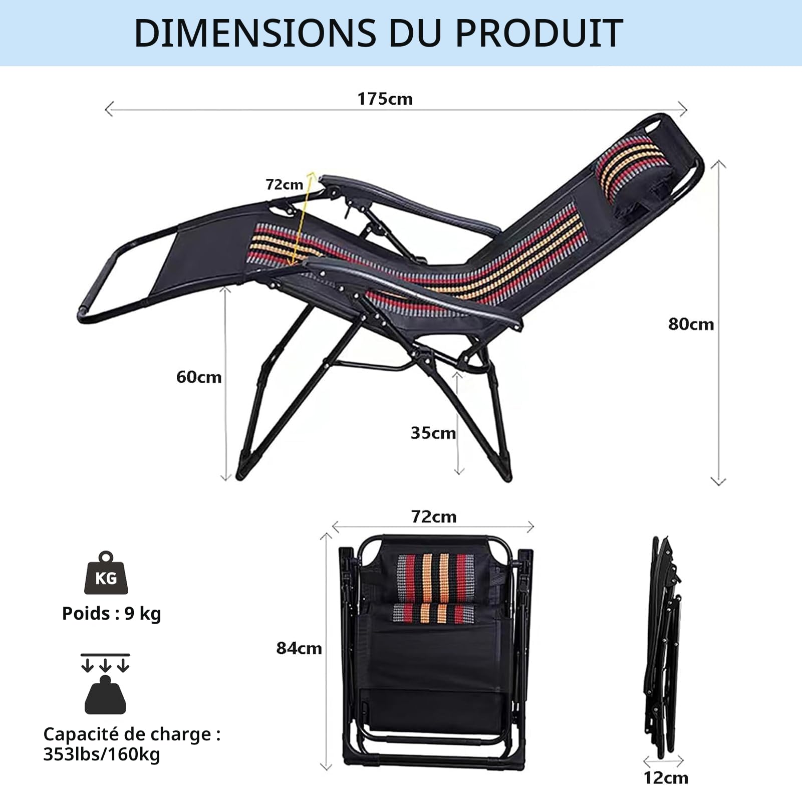 Chaise Longue Jardin Extérieur, Chaise Longue Pliante avec Appui-tête et Porte-Gobelet, Chaises Longues Jardin Extérieur, Transat Pliant pour Balcon, Terrasse, Patio, Bande avec Coussin