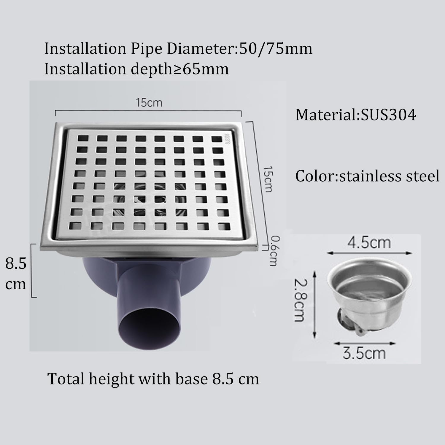 15x15 Cm canalina Per Doccia,Piletta Doccia a Pavimento,Scarico Pavimento Doccia,Con Sifone Antiodore a 360°,Filtro Antiodore e Filtro Per Capelli 2 In 1,Per Bagni,Cantine,Interni Ed Esterni