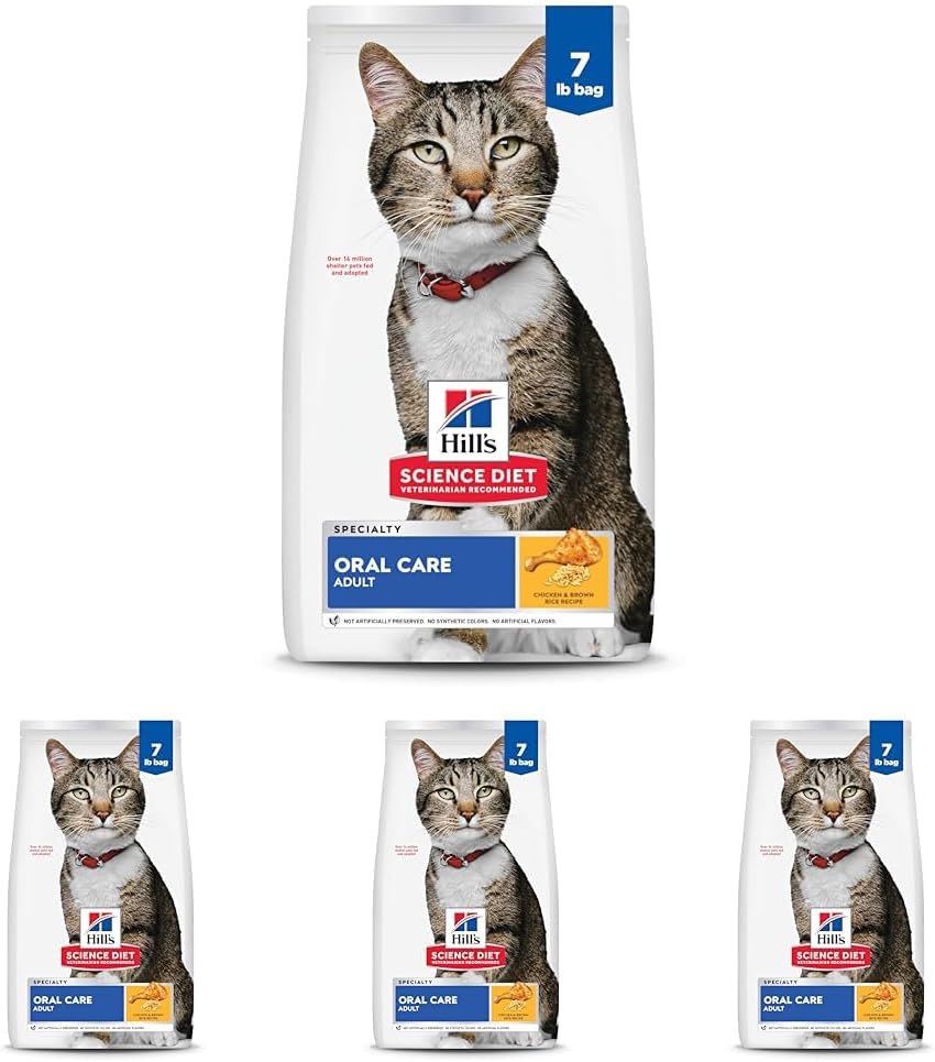 Hill's Science Diet Oral Care, Adult 1-6, Plaque & Tartar Buildup Support, Dry Cat Food, Chicken Recipe, 7 lb Bag (Pack of 4)