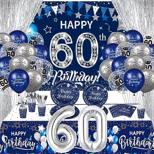 Rumia 131PCS Navy Blue Silver 60th Birthday Party Supplies: Banner, Balloons, Napkins, Cups, Tablecloth, Foil Backdrops for 60th Birthday Decor