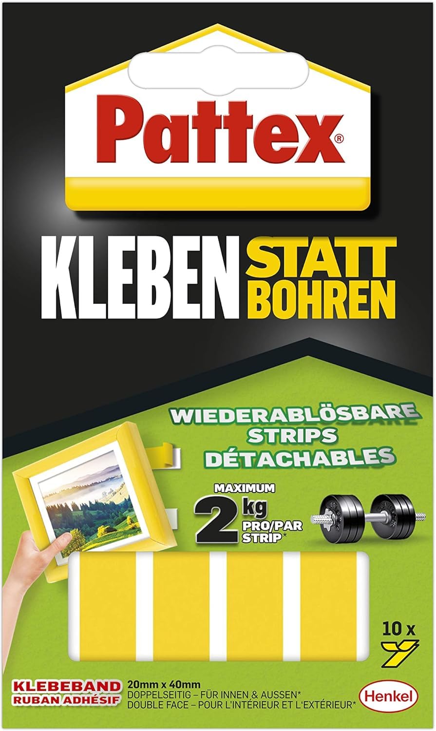 Pattex Kleben statt Bohren Klebe-Strips – Doppelseitiges Klebeband, 10 Streifen je 20 x 40 mm