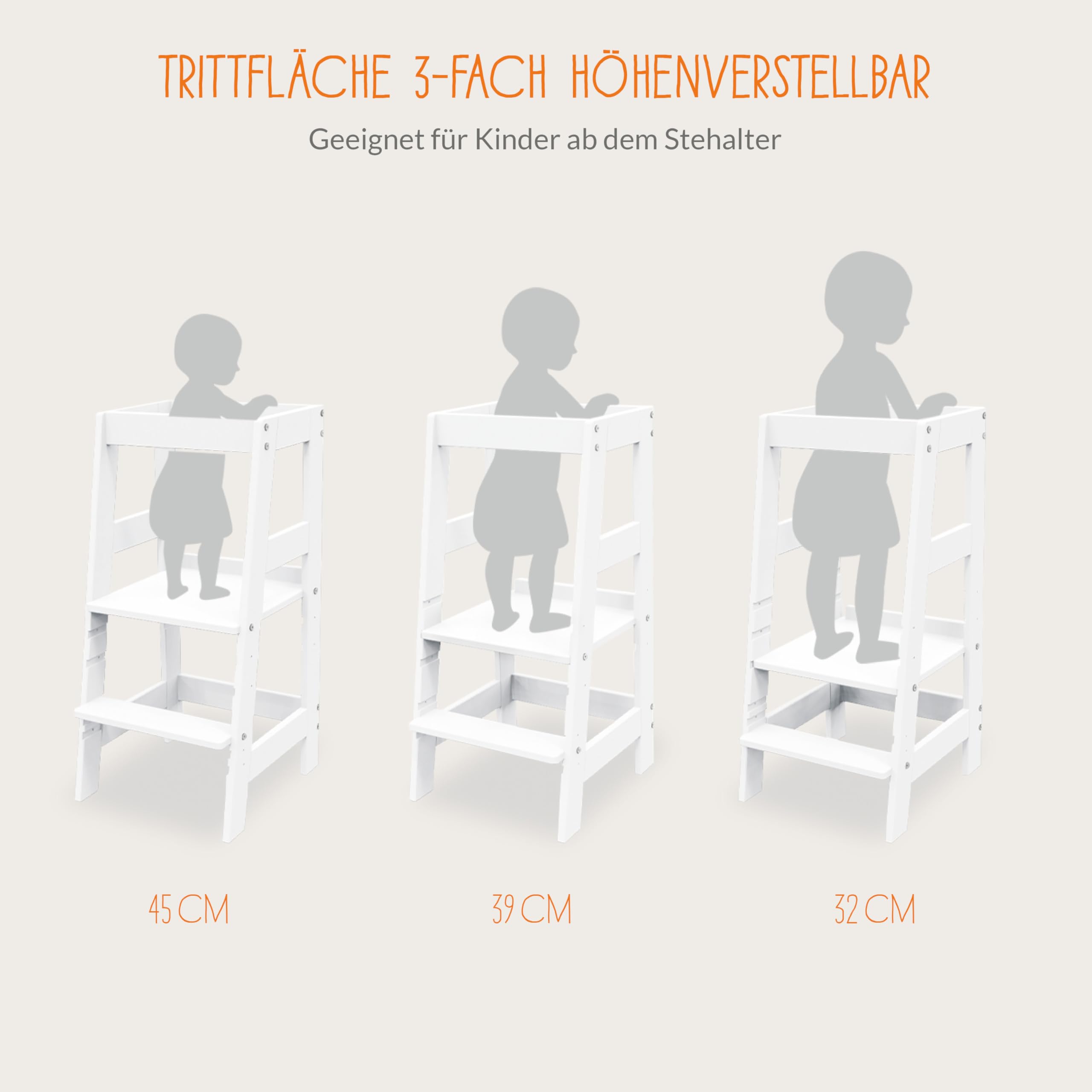 Pinolino Torre di apprendimento "Fino" bianco Per bambini, sedia per imparare sgabello a pedali regolabile in altezza, ausilio per la cucina Per neonati