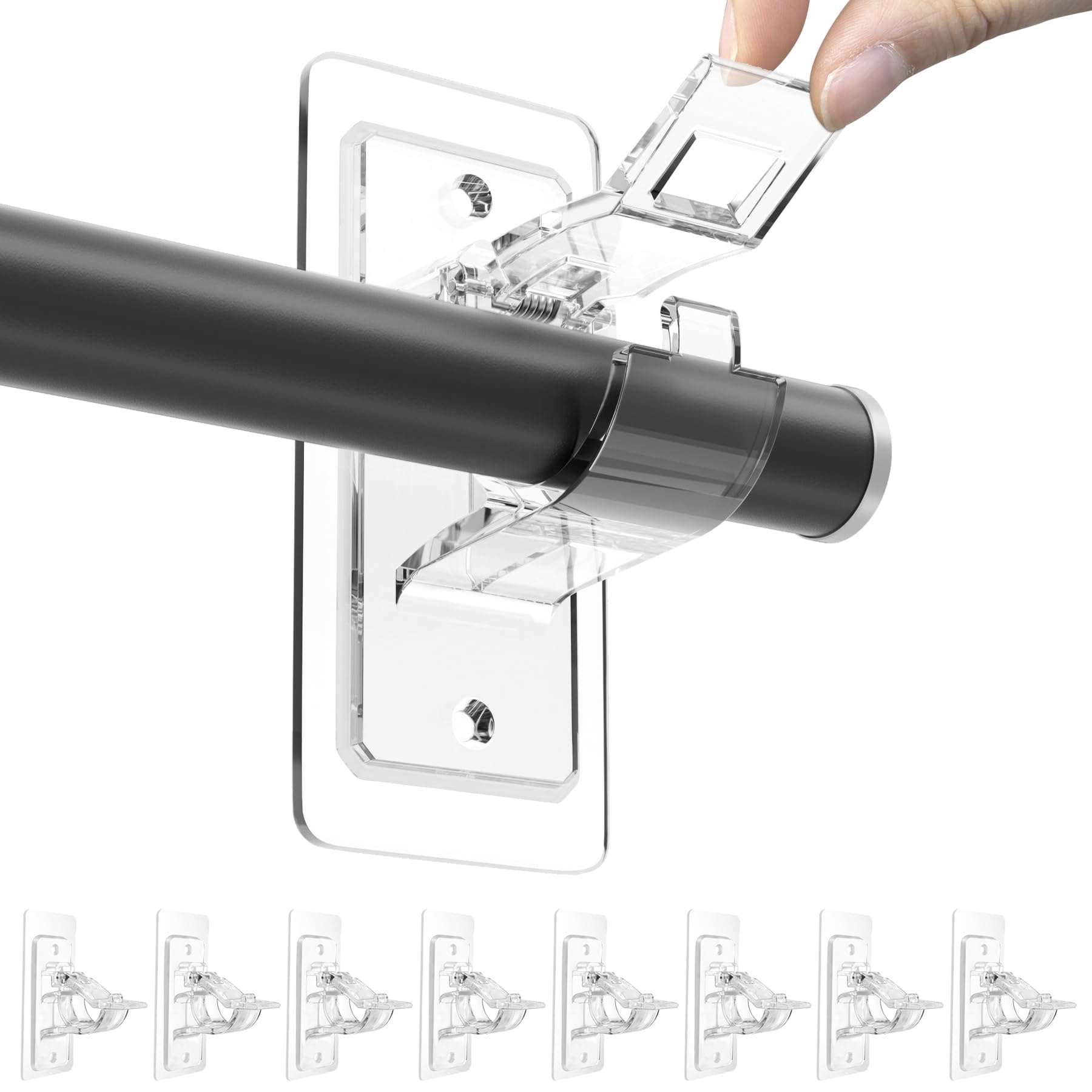 ANDGOO 8 Pack No Drill Curtain Rod Brackets, Holding Up to 17 lbs, PET Curtain Hangers, Nail-Free Adjustable Curtain Rod Holder for Bedroom, Bathroom, Living Room and Dorm
