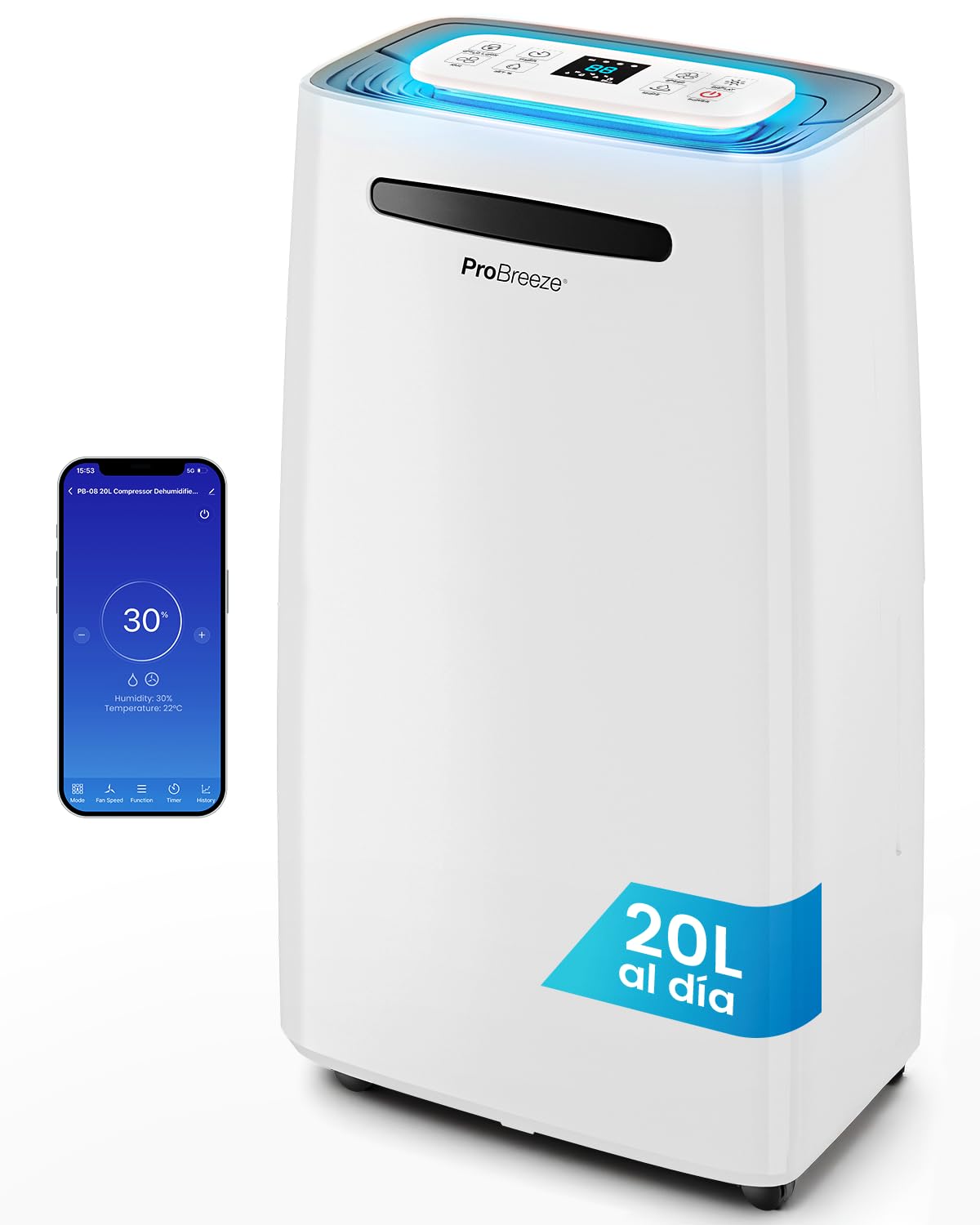 Pro Breeze deshumidificador inteligente 20L/día con Wi-Fi, sensor de humedad, modo ropa y drenaje continuo para condensación y moho en casa