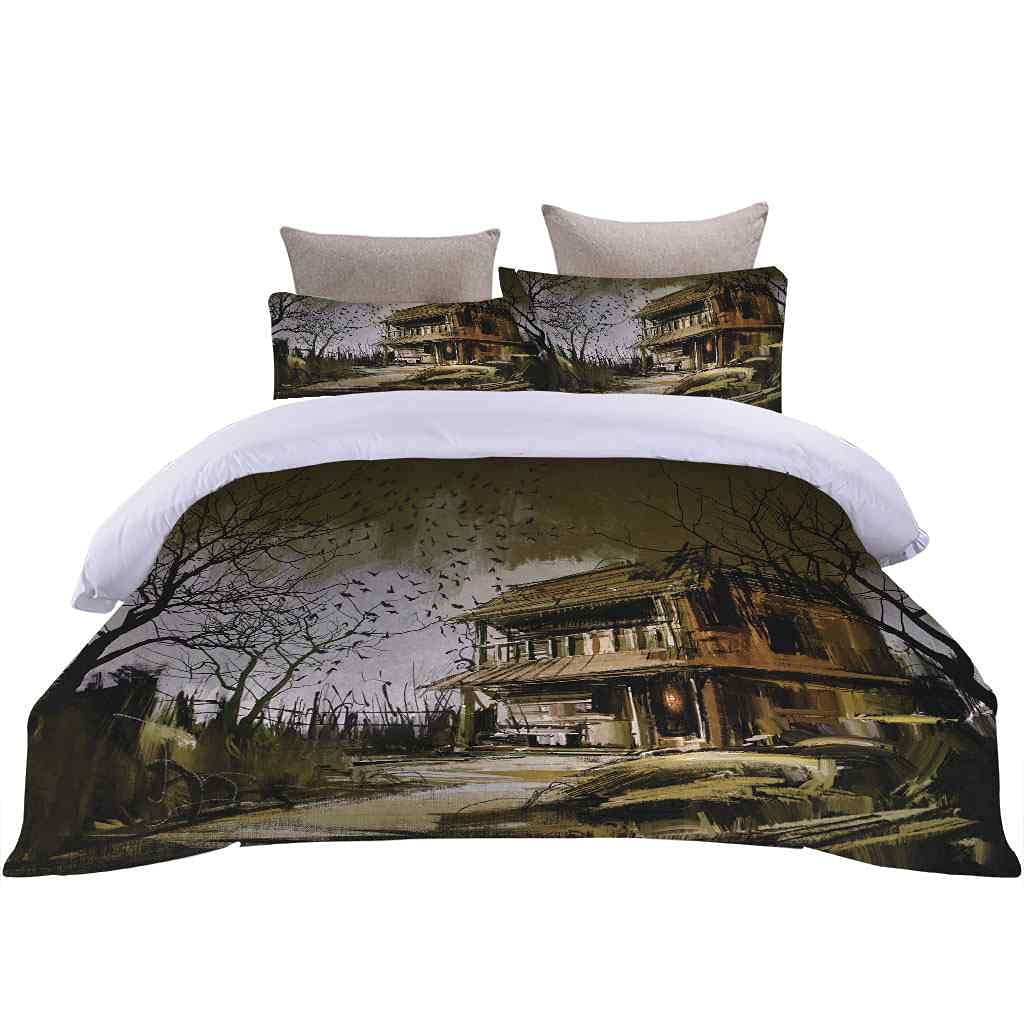 Poszewka na kołdrę Super King 260 x 220 cm nadruk 3D zniszczony dom zestaw pościeli ultramiękka mikrofibra pościel poszewka na kołdrę dla dorosłych podwójna poszwa na kołdrę z zamkiem błyskawicznym i 2 poszewki na poduszki