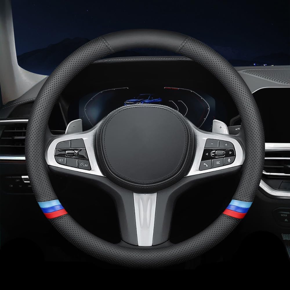 New Nappa Leather Car Steering Wheel Cover, Comfortable, Non-Slip, Sport Style Universal 15". Black Blue