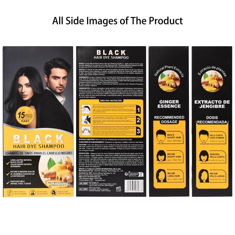 Gegong 500ml Ginger Black Hair Shampoo, Ginger Shampoo Fast Black Hair Hair Color Dye Nourishing, 2-in-1 Semi Permanent Shampoo Last 30 days,5 Minutes Finsh