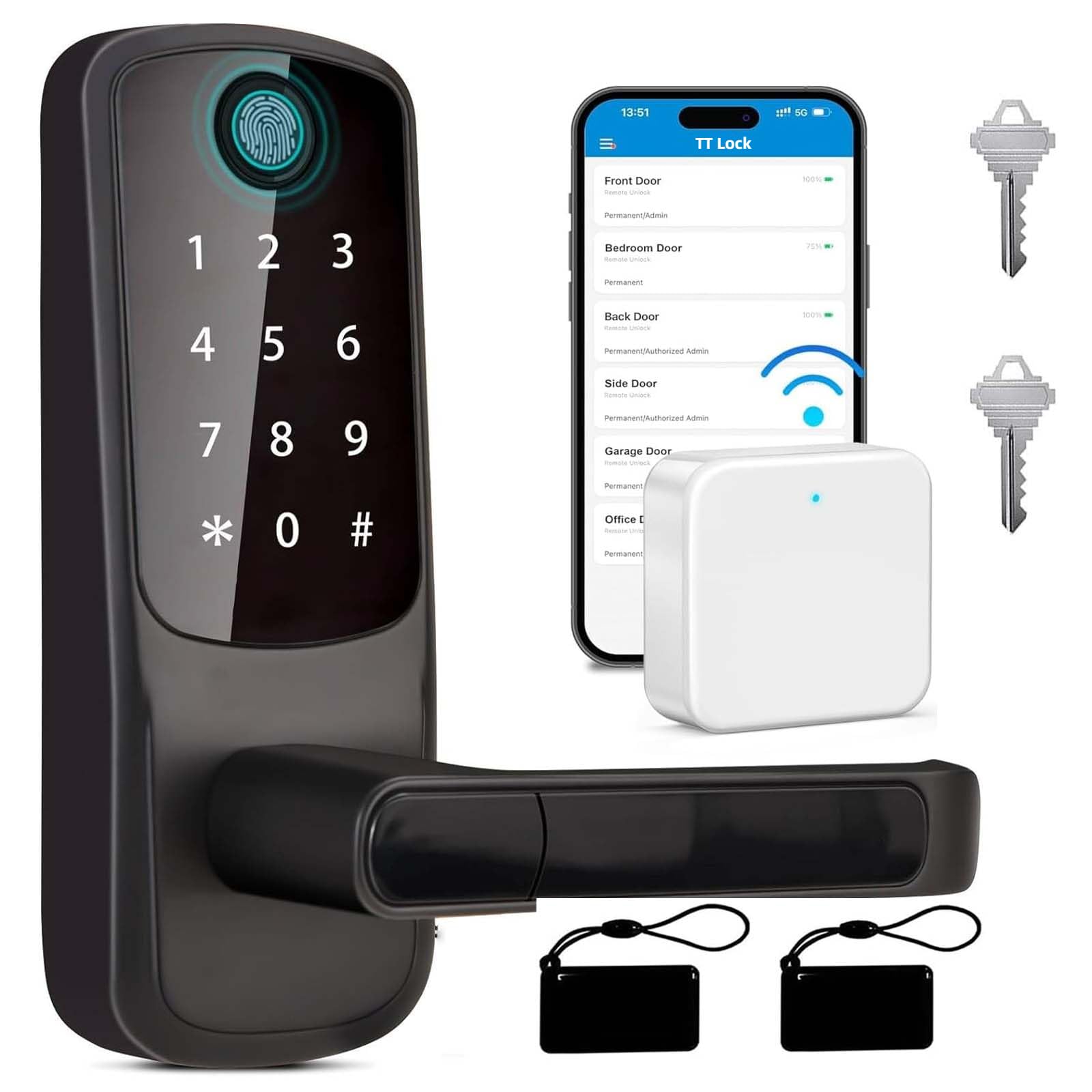 PretocterSmart Door Lock with Handle for Front Door WiFi Smart Locks with G2 Gateway Keyless Entry Door Lock Built-in WiFi Deadbolt Fingerprint Digital Door Lock with Keypad TTLock App Remote Control
