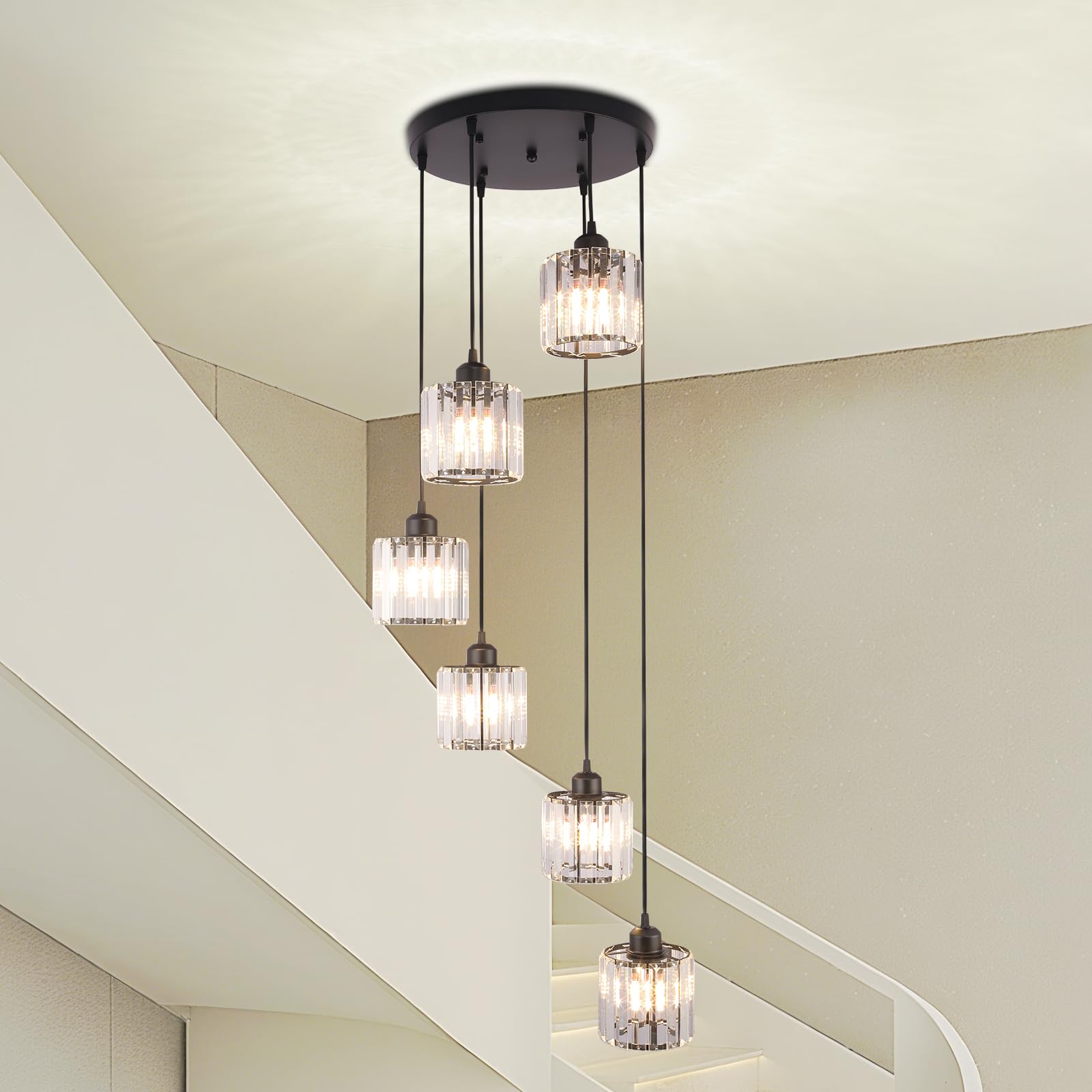 Cainjiazh Long Chandelier for High Ceilings Modern Crystal Long Pendant Light Raindrop Drop Lamp Hanging Flush Mount Chandelier Ceiling Light for Staircase Foyer Living Room Entryway 6 Lights