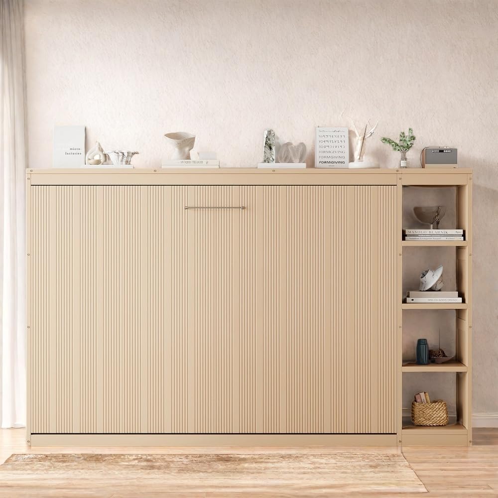 SOFTSEA Modern Murphy Bed Cabinet Bed with Bookshelf, Full Size Foldable Platform Bed Frame with Storage Racks, for Home Guest Room Small Room,