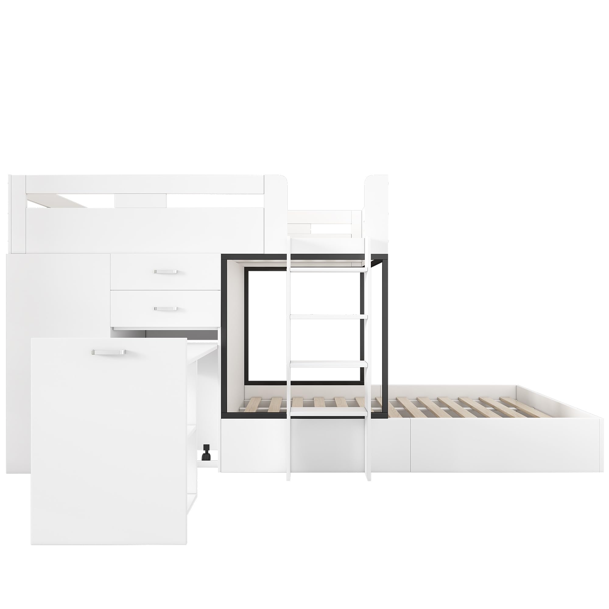 Ymkua Etagenbett Kinderbett 90x200 cm mit Stauraum, Doppelbett Bett mit Lattenrost, Hochbett mit Schreibtisch und Kleiderschrank, Jugendbett mit Schubladen, Regalen und Leiter, Weiß, Ohne Matratze