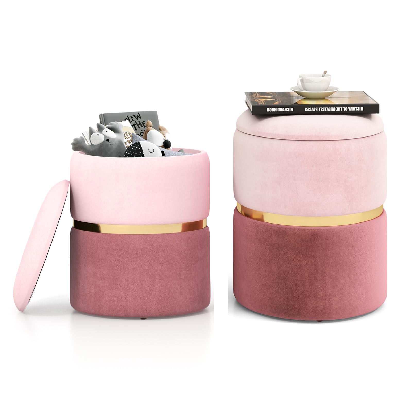 HOMASIS Set of 2 Round Pouffes with Storage, 35 x 45 cm / 30 x 39 cm, Two-Tone Velvet Footrest Stool, Padded Stool with Lid for Living Room, Bedroom, Entrance, Up to 150 kg (Pink)