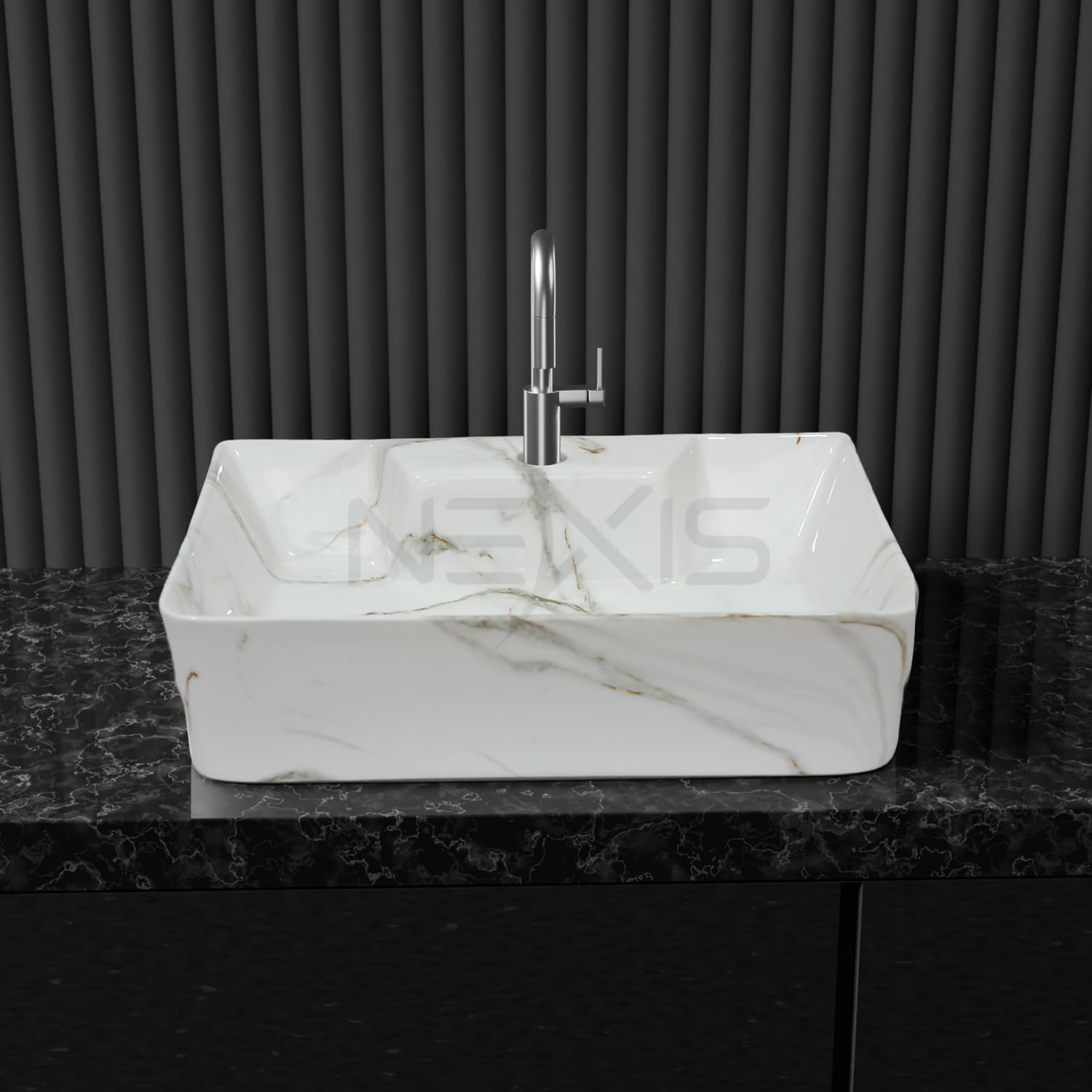 NEXIS Designer Ceramic Table Top Wash Basin For Bathroom | Wall Hung Washbasin | Wall Mounted Bathroom Sink | Wash Basin For Restaurant, Hotel (16 x 12 x 5 Inch) (White) 1