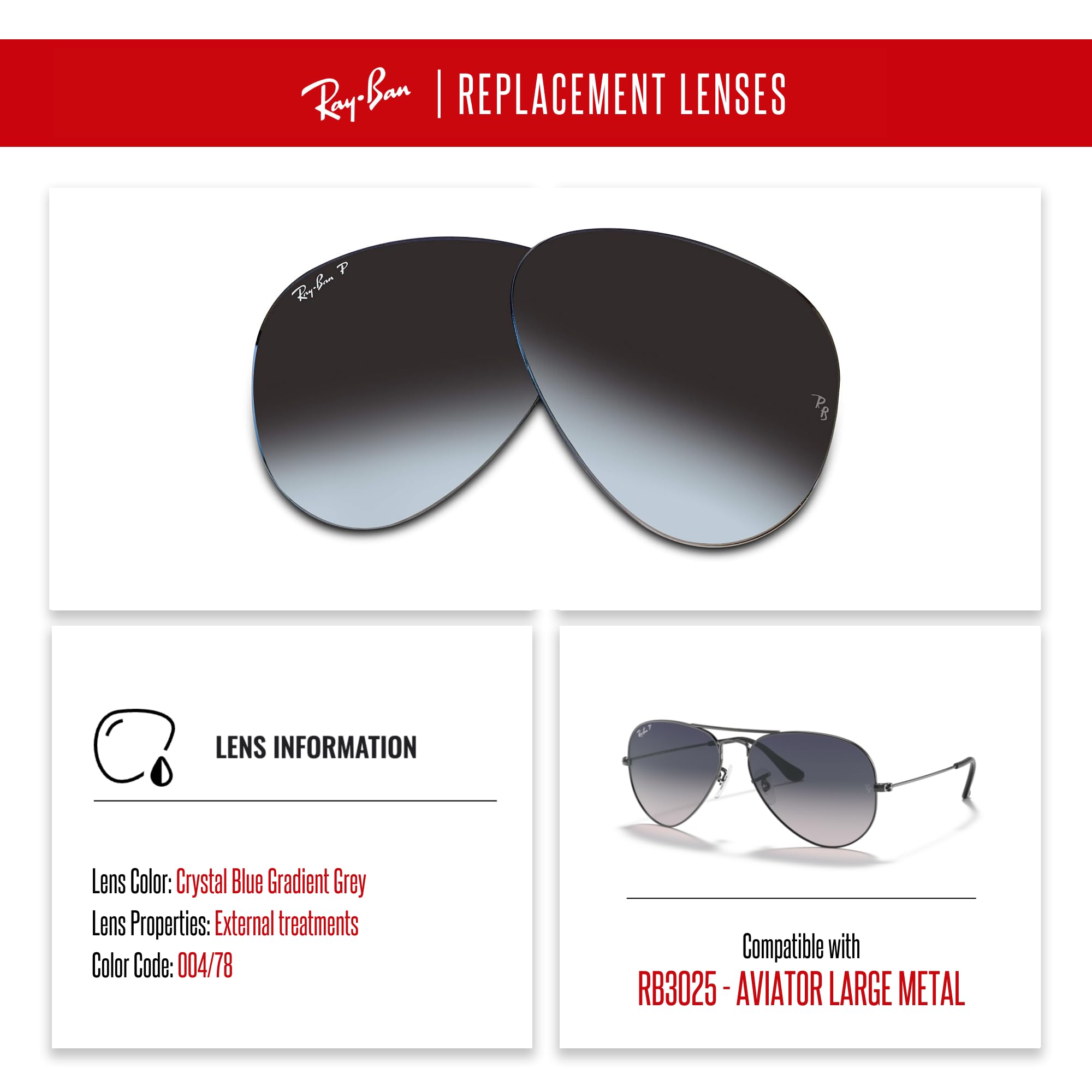 Ray-Ban Original AVIATOR LARGE METAL RB3025 58MM Crystal Blue Gradient Grey Polarized Replacement Lenses For Men For Women + BUNDLE Designer iWear Kit