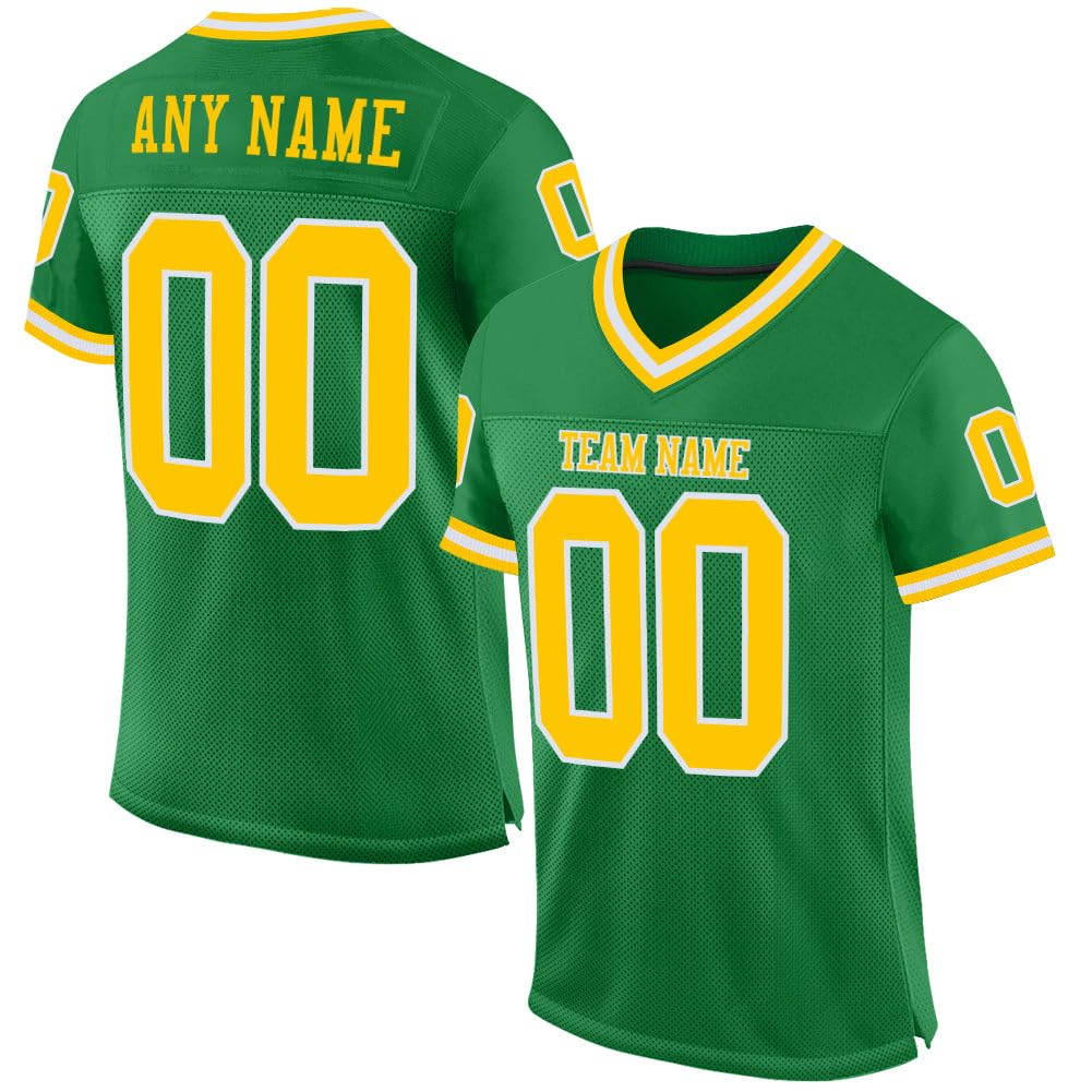 Generic Custom Football Jersey for Men Women Youth, Green and Light Gold White, Athletic Sports Shirt Personalized Name Number