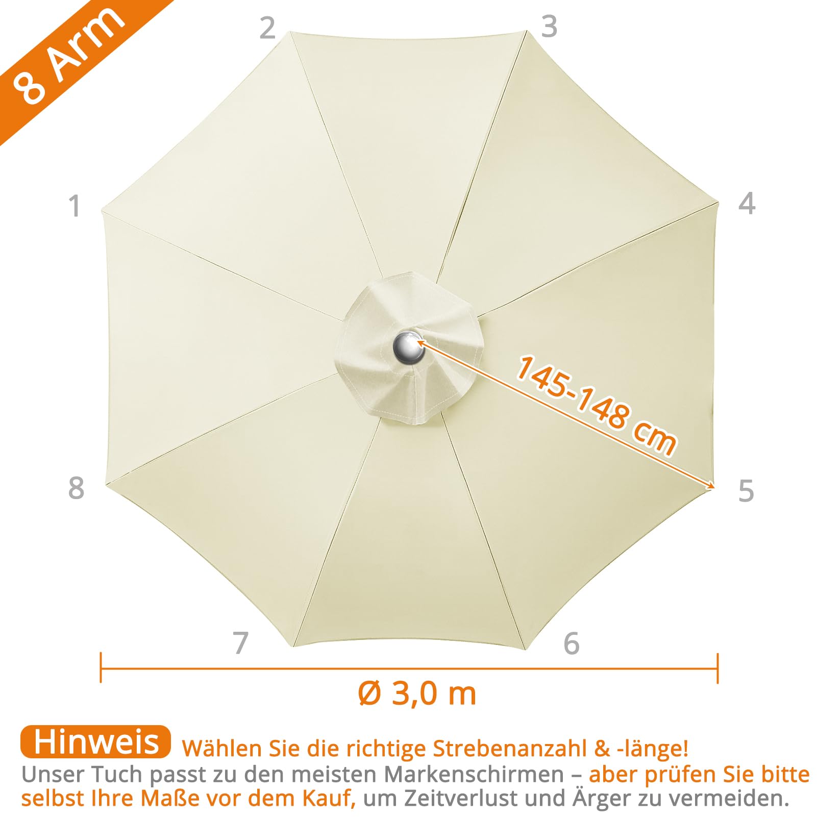 Sonnenschirm Ersatzbezug 3m Durchmesser, 8 Streben, Beige | UV-Schutz & Strapazierfähig, Sonnenschirm Bezug, Gartenschirm Ampelschirm Ersatz Stoffbezug für Hof, Garten, Strand und Pool