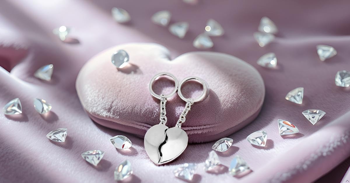 Llavero con forma de corazón dividido, 2 piezas, plata premium, chapado en plata, listo para regalar con elegante paquete de regalo, plata, 10,5 cm