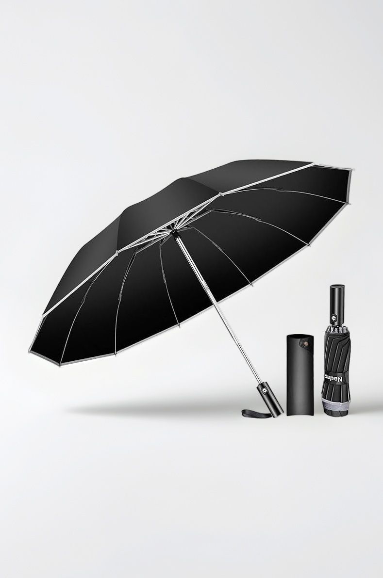 Travel Umbrella with Carabiner Handle,Large Compact Reverse Umbrella for Rain and UV Protection,12 Ribs Windproof Automatic Umbrella with Reflective Strip for Women Men