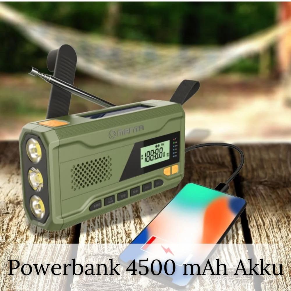 Manta RDI401G solarne radio awaryjne z korbą ręczną, radio FM z przenośnym powerbankiem 4500 mAh, USB-C, jasna latarka i lampka do czytania w sytuacjach awaryjnych w gospodarstwie domowym i na świeżym
