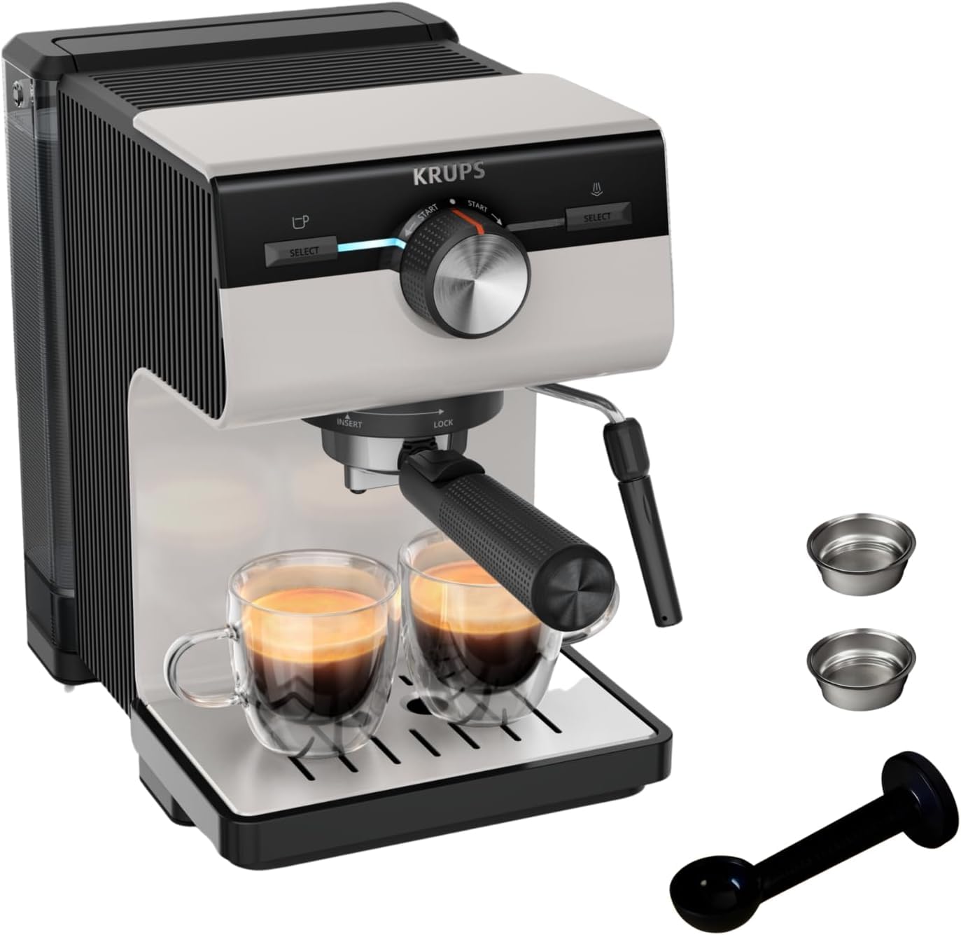 Krups Authentic, Cafetera Espresso Manual, 15 bares de presión, Espumador de leche, Ajuste Manual, Cuchara Medidora y Compactadora, depósito de 2 L de capacidad, Inox, XP381B