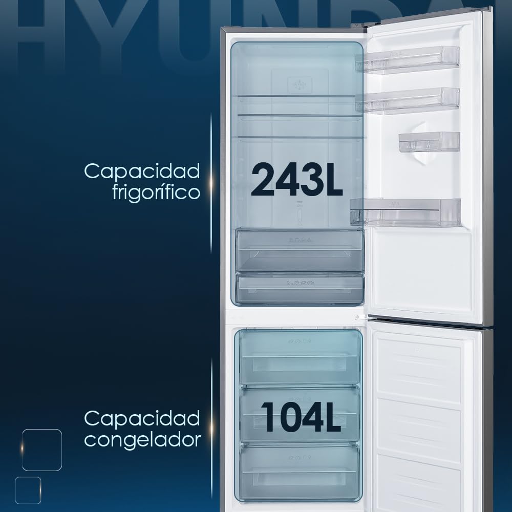 Hyundai Frigorífico Combi Inox, 2 Puertas HCB19560NCDI00, Capacidad 347 L, No Frost, Multi Air Flow, Bajo Nivel Sonoro, Puerta Reversible, Clasificación Energética E