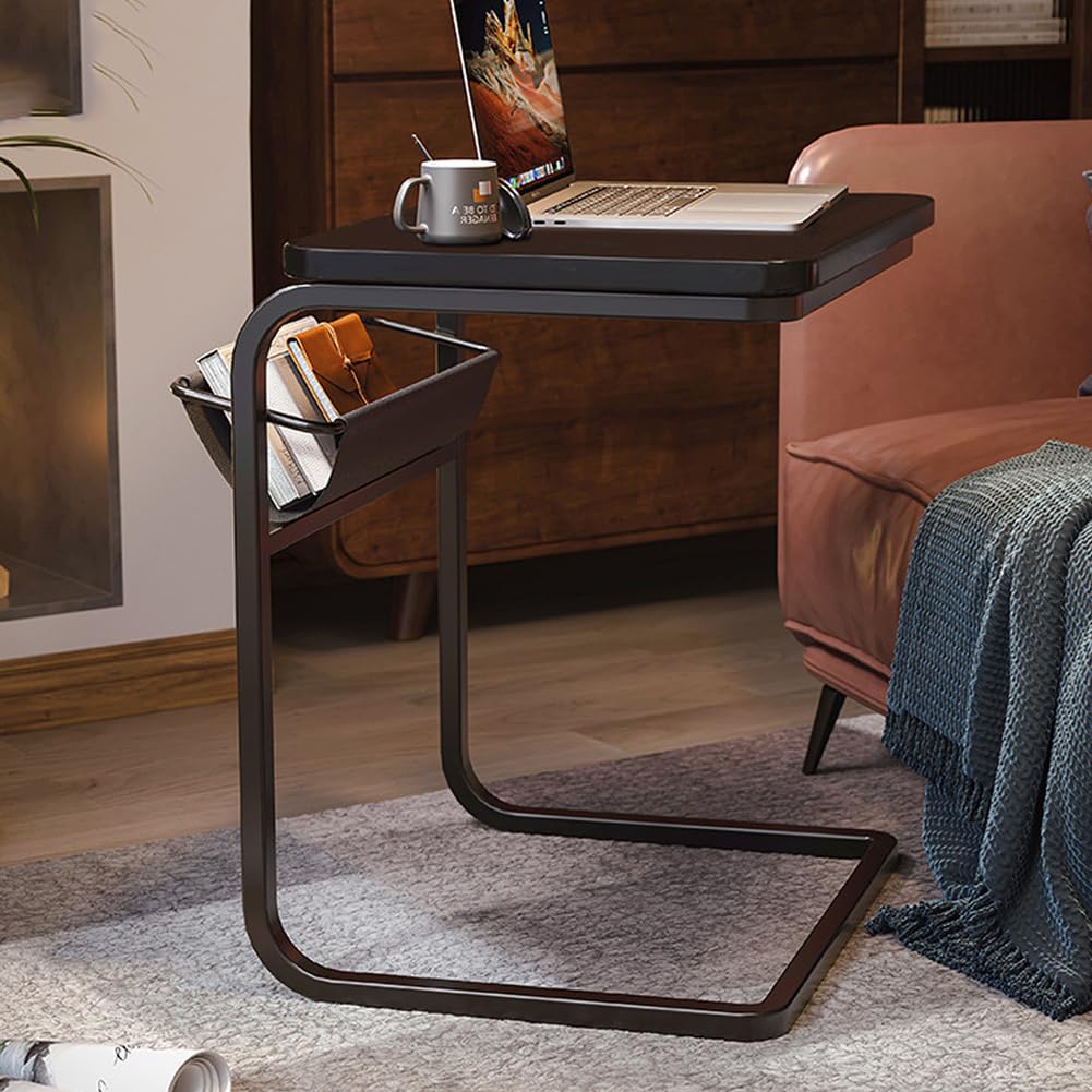 SXZenSpace Modern Rectangle Side Table with Storage Basket, Sofa Tray End Metal Frame,Couch Tables That Slide under for Living Room, Bedside,black