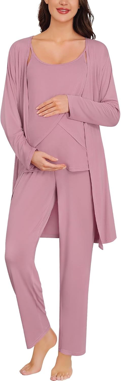 SWOMOG Maternity Pajamas Set 3 PCS Nusing Pajamas Labor and Delivery Gown & Camisole & Pants Postpartum Pjs