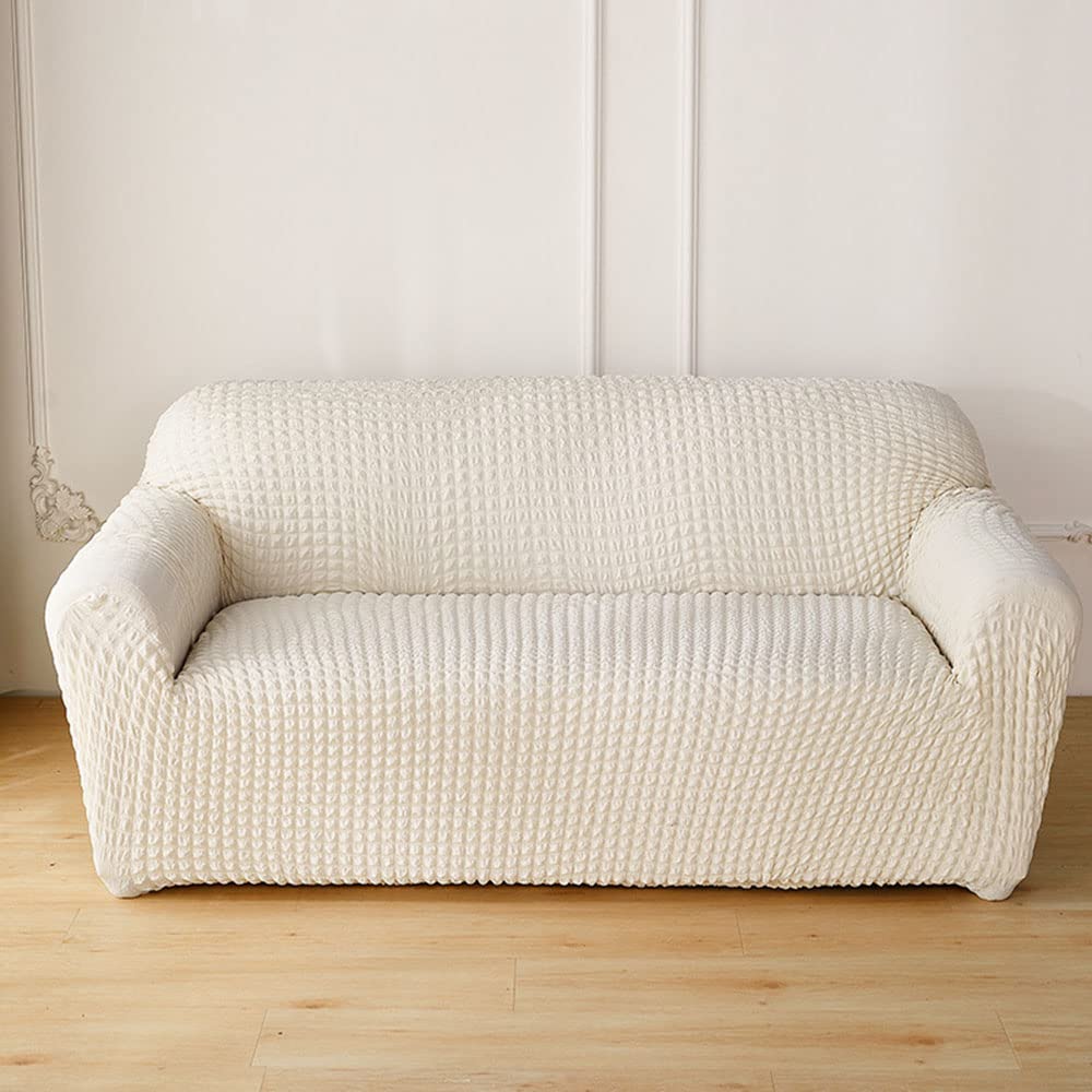 Yopoiy White Durable Washable Sofa Cover High Elastic Stretchable Couch Cover Solid Color Sofa Slipcover For Living Room Dog Pet Furniture Protector -3 Seater(190-230Cm)