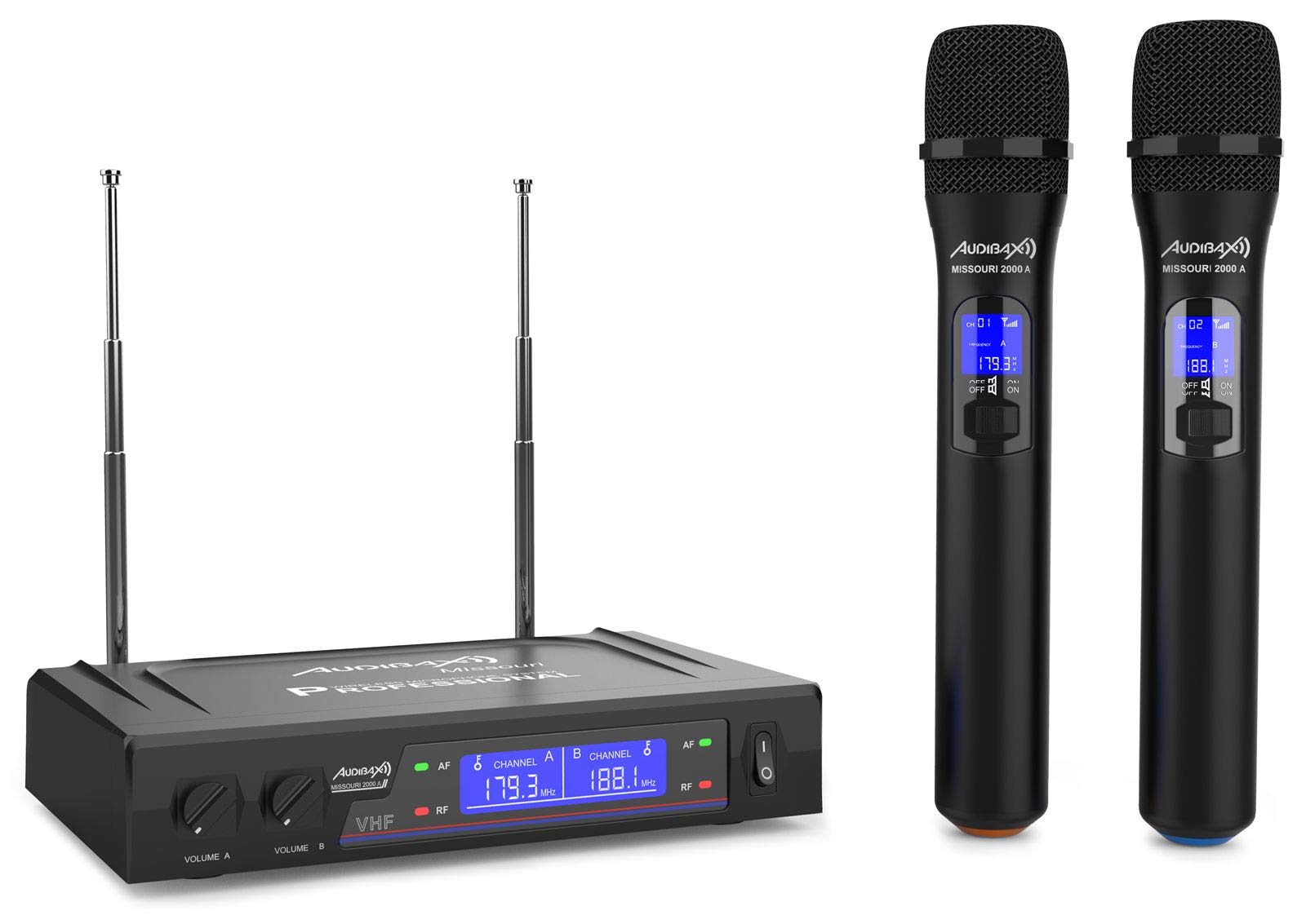 Audibax Missouri 2000 A Wireless Microphone System components: receiver and two handheld microphones