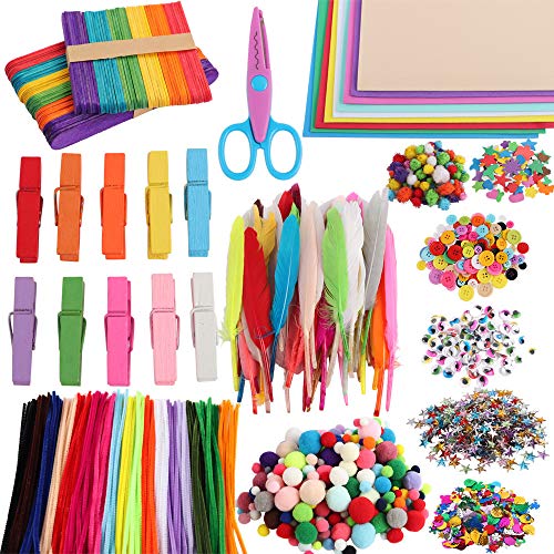 Shukii 1000Pcs DIY Art Craft Kit for Kids Creative Pompoms Pipe Cleaners Feathers Wiggle Googly Eyes Sequins Buttons Construction Paper School Projects Party Supplies (1000PCS)
